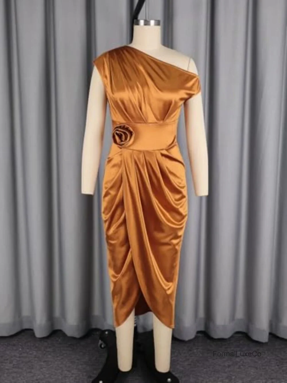 AOMEI Satin One Shoulder Midi Dress Pleated Draped Flower Evening Party